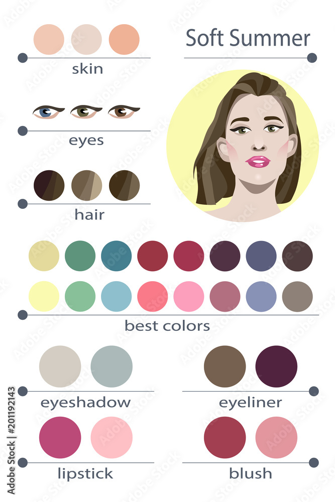 Vettoriale Stock Stock vector seasonal color analysis palette for soft  summer. Best makeup colors for soft summer type of female appearance. Face  of young woman. | Adobe Stock