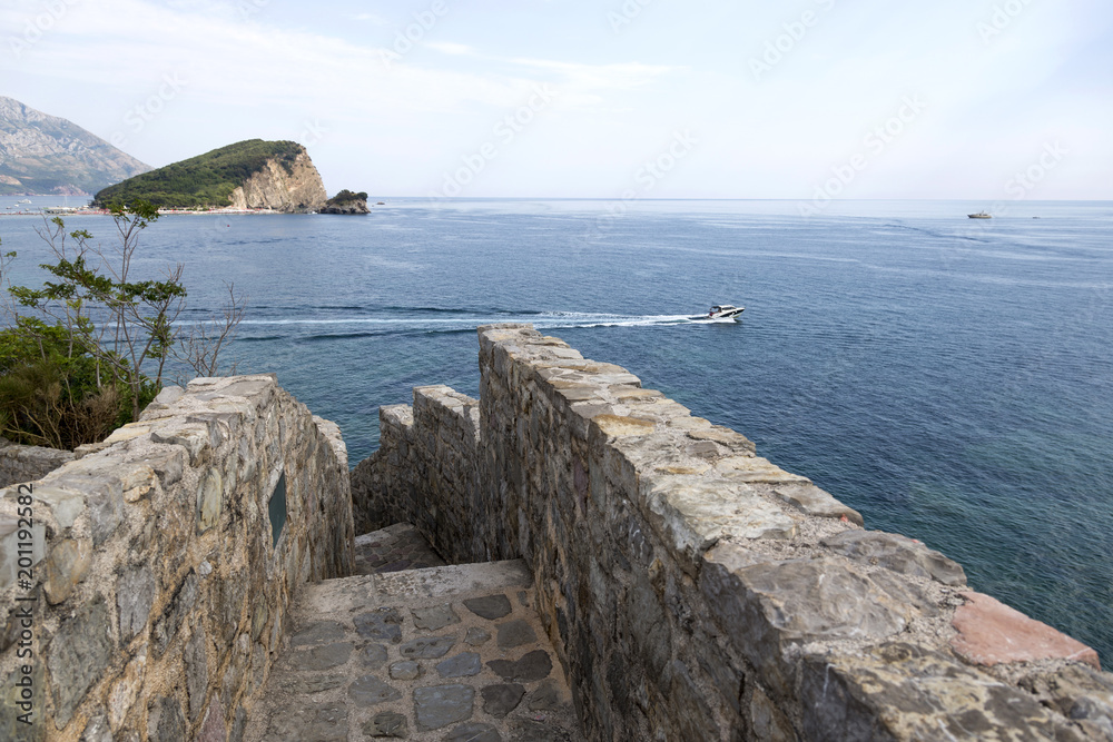 BUDVA, MONTENEGRO - AUGUST 03, 2017:View of the coast from the observation deck of the ancient fortress Citadel