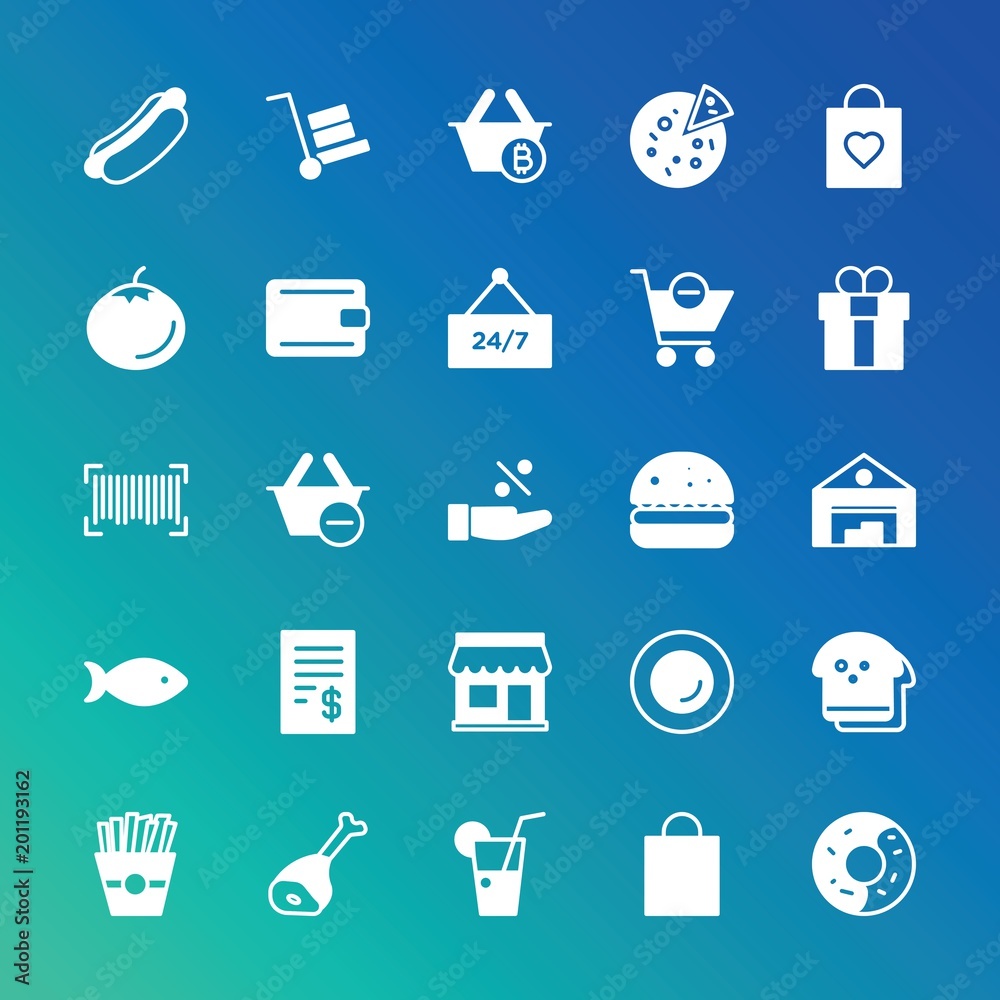 Modern Simple Set of food, drinks, shopping Vector fill Icons. ..Contains such Icons as potato, dessert, glass, meat, steak, bitcoin and more on gradient background. Fully Editable. Pixel Perfect. Modern Simple Set of food, drinks, shopping Vector fill Icons. ..Contains such Icons as potato, dessert, glass, meat, steak, bitcoin and more on gradient background. Fully Editable. Pixel Perfect.