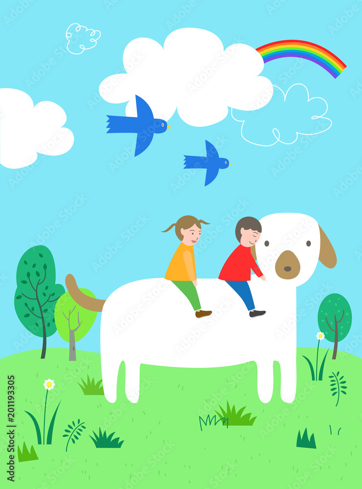 Children are playing with big dog. Children are playing with big dog.