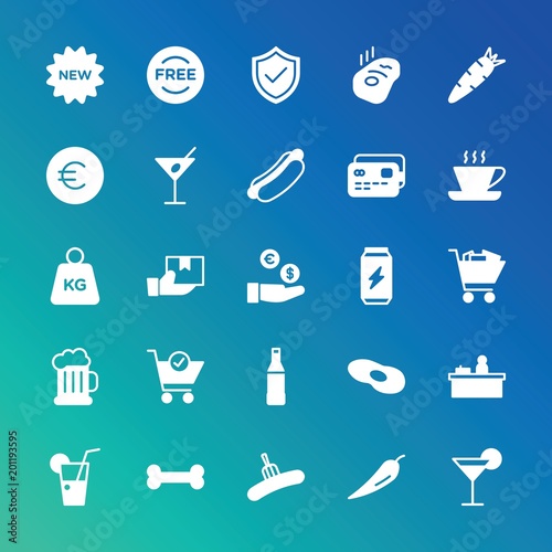 Modern Simple Set of food, drinks, shopping Vector fill Icons. ..Contains such Icons as  pork,  baggage,  free,  cold, summer,  sausage and more on gradient background. Fully Editable. Pixel Perfect.