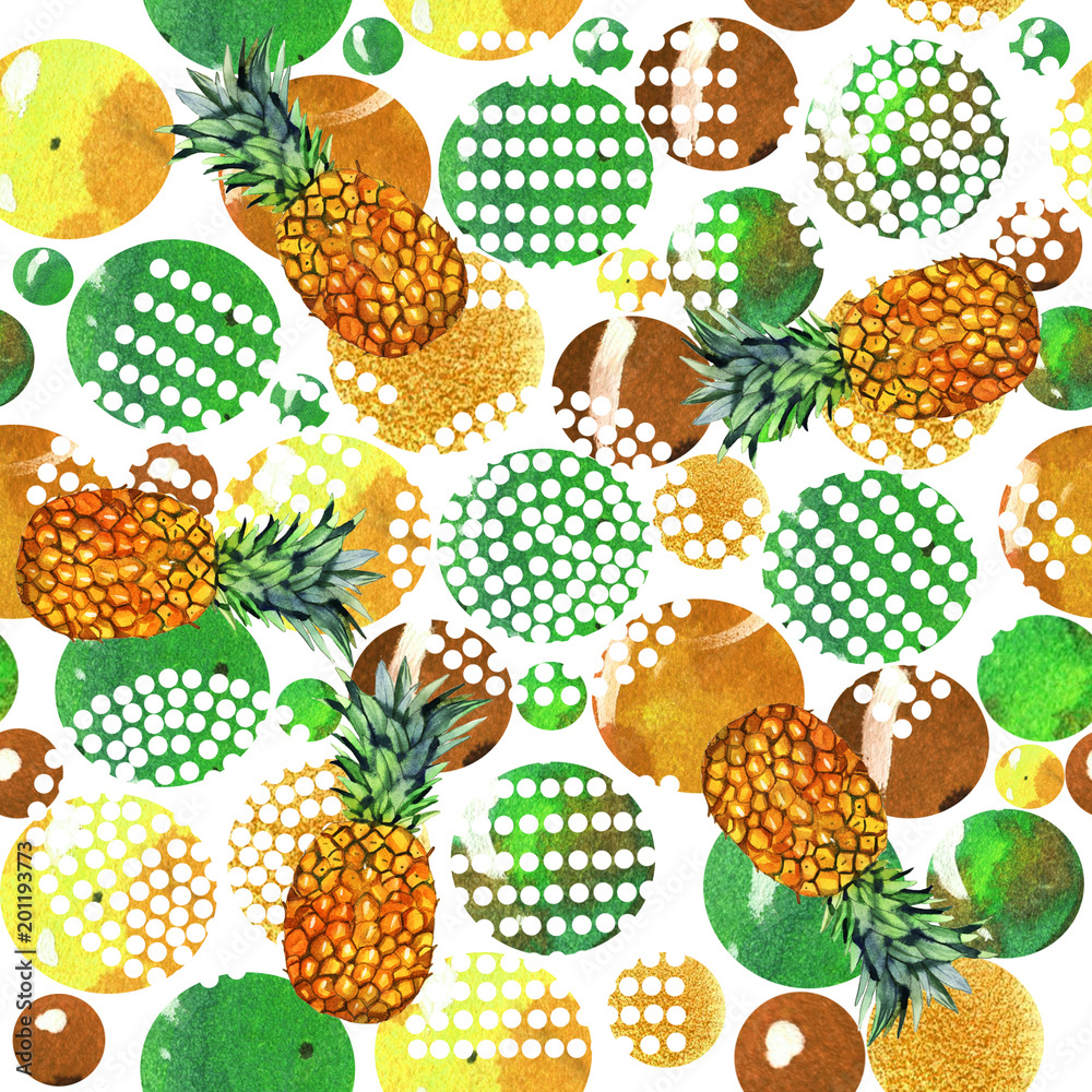 Abstract beautiful artistic tender bright colorful circles different shapes pattern watercolor hand sketch with pineapple Abstract beautiful artistic tender bright colorful circles different shapes pattern watercolor hand sketch with pineapple