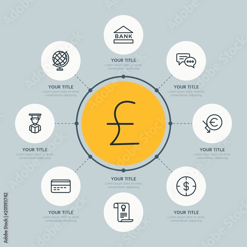 Circle network chart business, money, education infographic template with 8 options for presentations, advertising, annual reports.