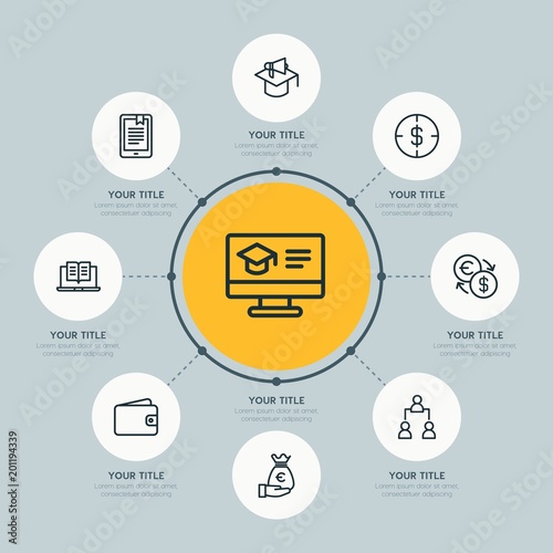 Circle network chart business, money, education infographic template with 8 options for presentations, advertising, annual reports.