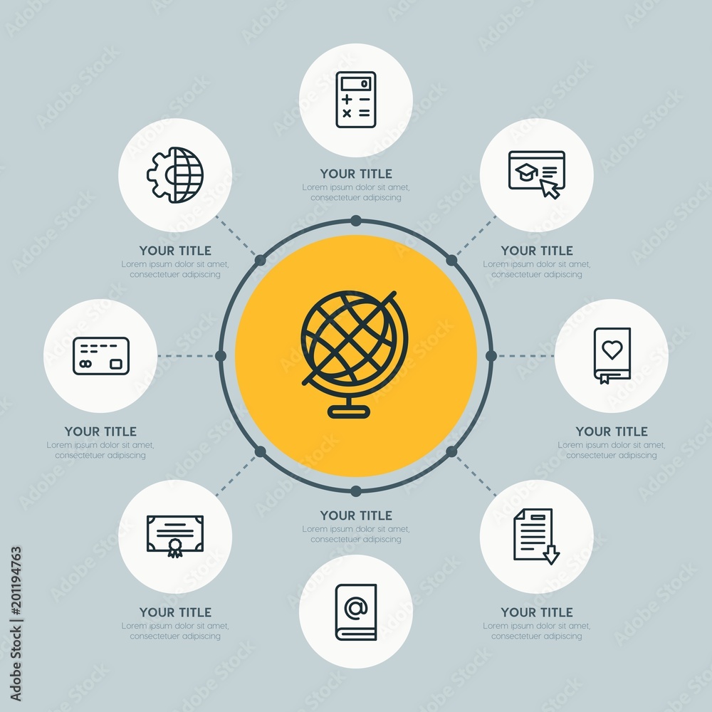 Circle network chart business, money, education infographic template with 8 options for presentations, advertising, annual reports. Circle network chart business, money, education infographic template with 8 options for presentations, advertising, annual reports.