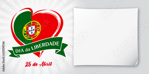 Liberty  Day Portugal, heart emblem in national flag colored. Flag of Portugal with heart shape for Portugal Liberty Day 25 April and paper isolated on white background. Vector illustration