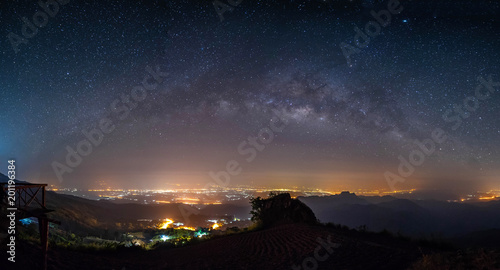 panorama night landscape mountain and milky way galaxy background , panoramic thailand , long exposure , low light