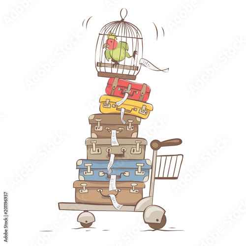 Very large luggage / Bunch of suitcases on the cart, vector illustration