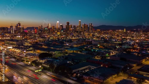 Wallpaper Mural 4K Cinematic aerial timelapse in motion view of Downtown Los Angeles at dusk Torontodigital.ca