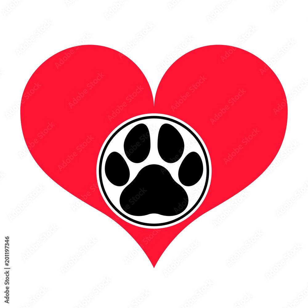Red heart silhouette with a pawprint in a frame on it. Isolated vector object. Red heart silhouette with a pawprint in a frame on it. Isolated vector object.