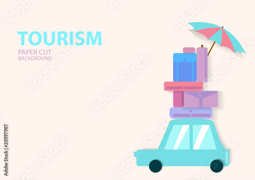 Road trip. Car with a lot of baggage in paper cut style in pastel colour. Travel. Vector illustration design.