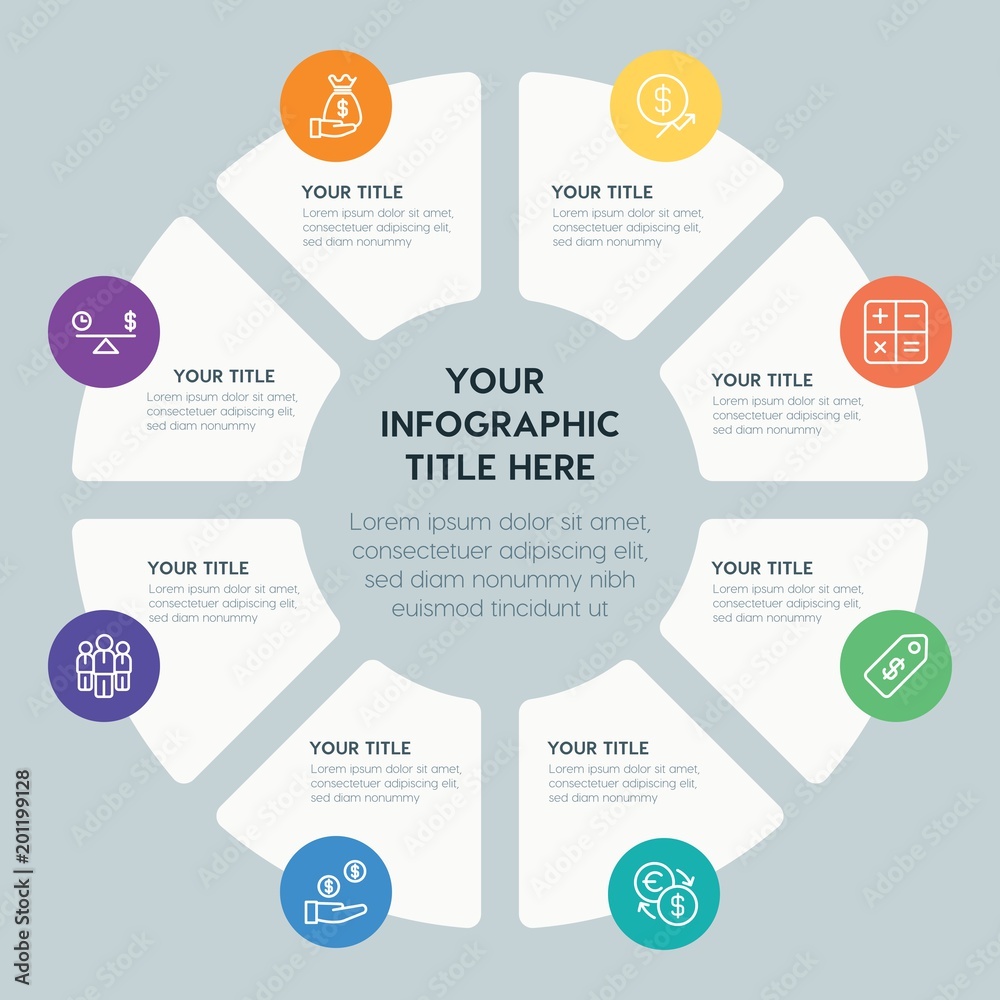 Circle chart business, money infographic template with 8 options for presentations, advertising, annual reports Circle chart business, money infographic template with 8 options for presentations, advertising, annual reports