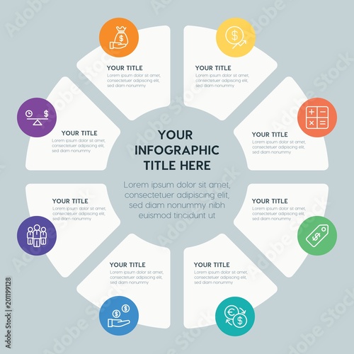 Circle chart business, money infographic template with 8 options for presentations, advertising, annual reports