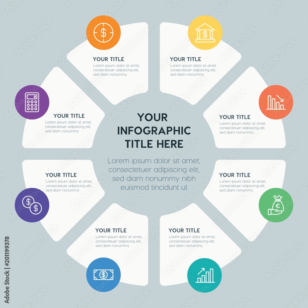 Circle chart business, money infographic template with 8 options for presentations, advertising, annual reports