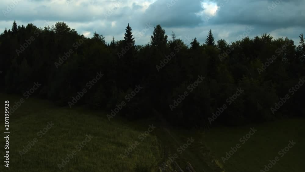 Drone flying over a clearing in the middle of a forest in the mountains 4k HDR H264
