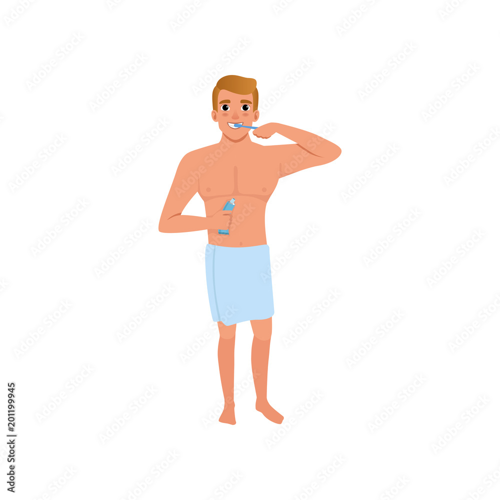 Young man brushing teeth in a bathroom after bedtime, people activity, daily routine vector Illustration on a white background Young man brushing teeth in a bathroom after bedtime, people activity, daily routine vector Illustration on a white background
