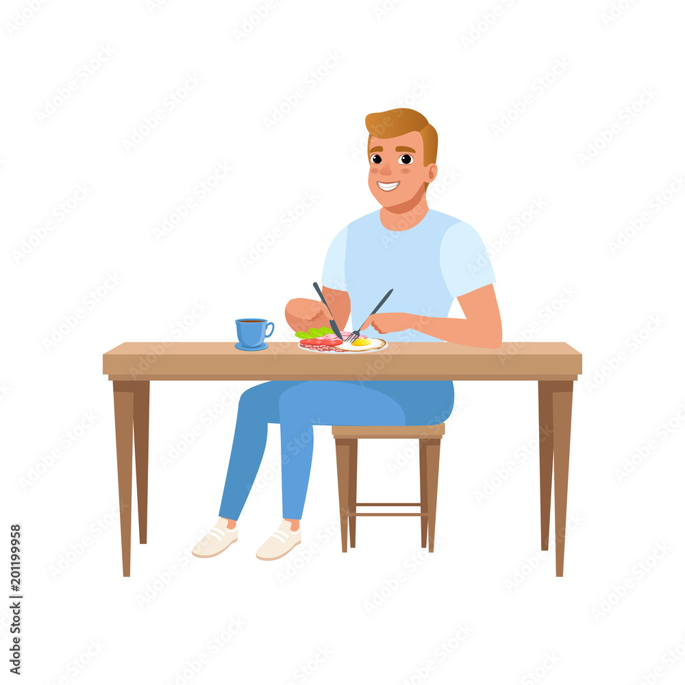 Young man having breakfast, people activity, daily routine vector Illustration on a white background Young man having breakfast, people activity, daily routine vector Illustration on a white background