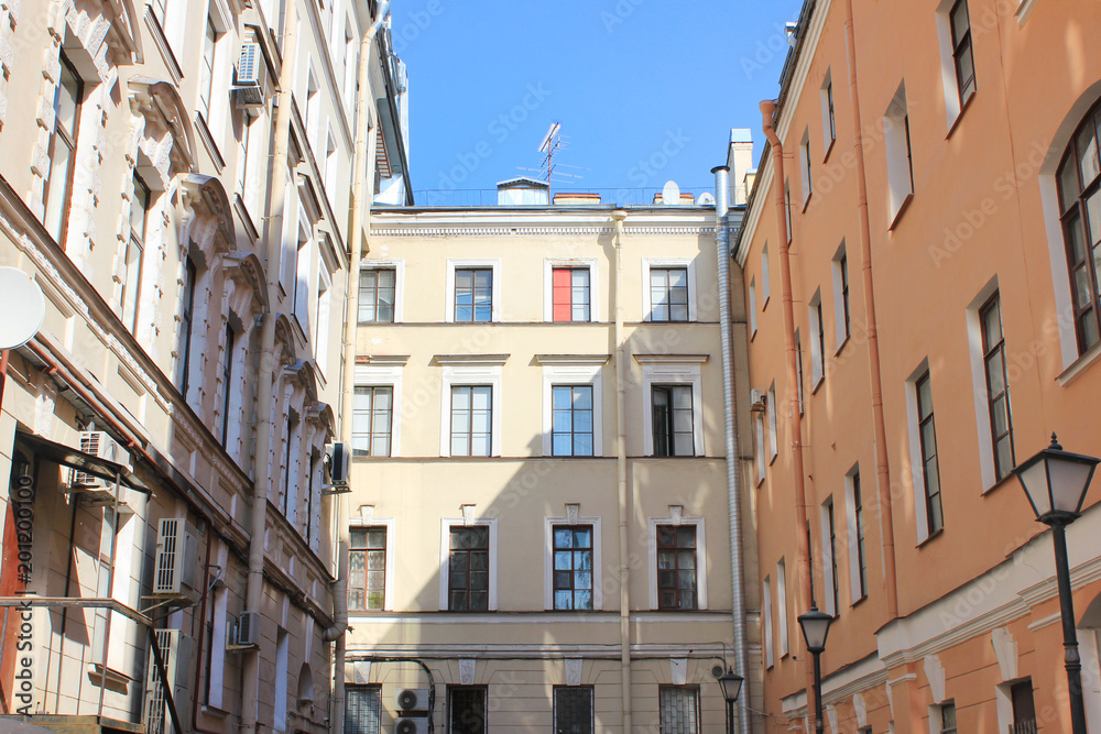 Well Yard in Saint Petersburg Russia. Famous City Courtyards Built in Shape of a Well, with Small Space between Building Facades. Modern City Symbol, House Exterior View from Classic well-Yard.