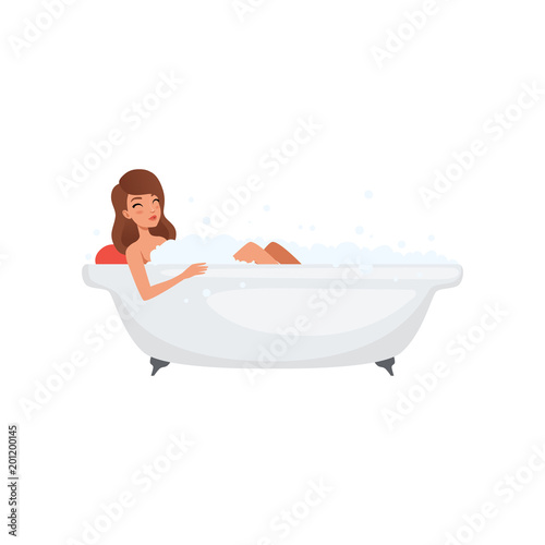 Young woman taking bath in bubble bathtub, people activity, daily routine vector Illustration on a white background