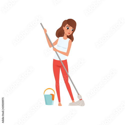 Young woman housewife cleaning the floor with a mop and a bucket of water, people activity, daily routine vector Illustration on a white background