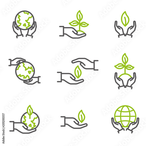 vector collection of ecological symbols and signs, human's hands and green growing plants and world