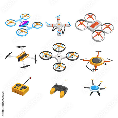 Flat vector set of quadrocopters, remote controller and joystick. Unmanned aerial vehicles. Flying drones with rotor blades. Modern technologies