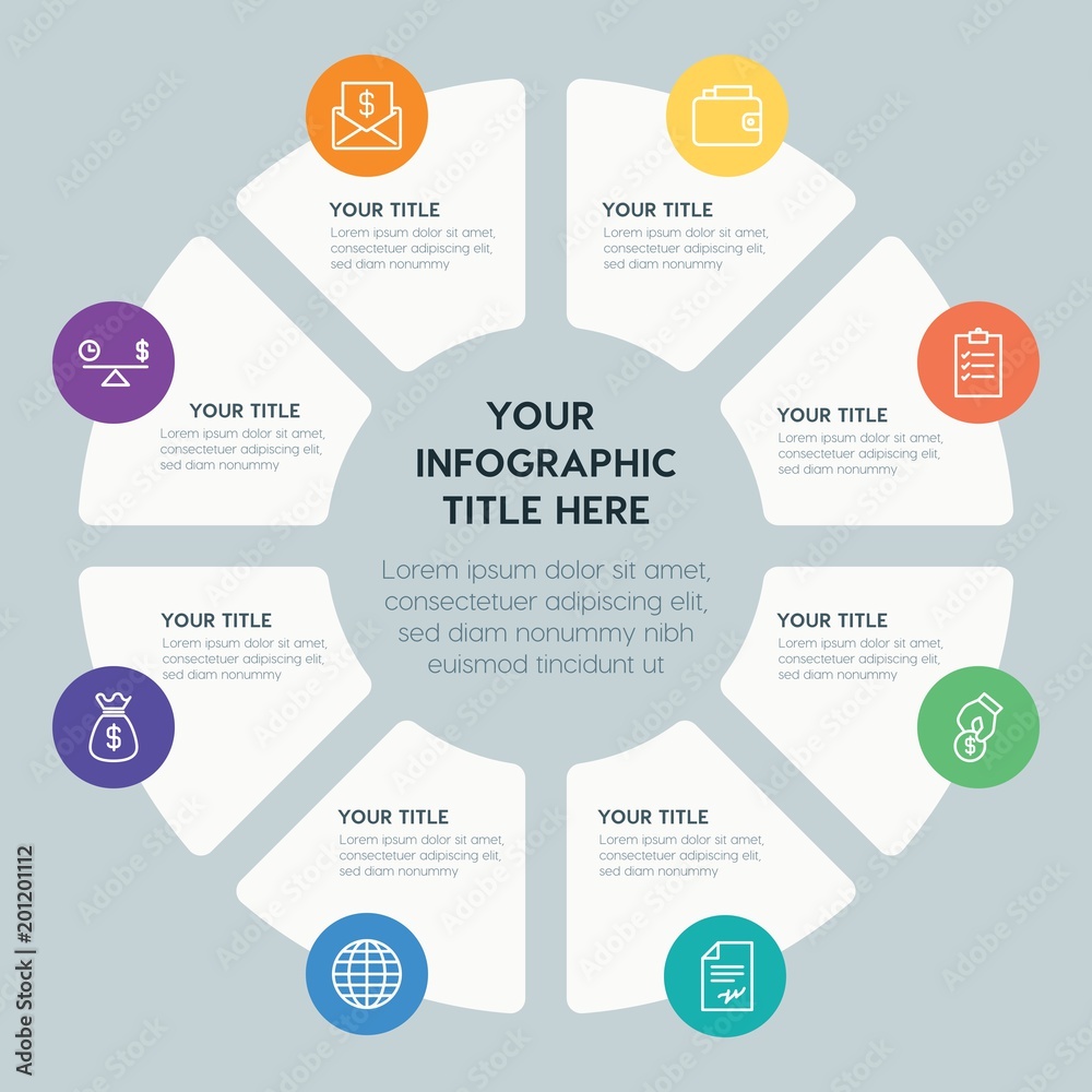 Circle chart business, money infographic template with 8 options for presentations, advertising, annual reports Circle chart business, money infographic template with 8 options for presentations, advertising, annual reports
