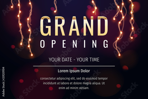 Grand opening invitation concept. Celebration design. Gold glitter letters on abstract background with light effect and bokeh.