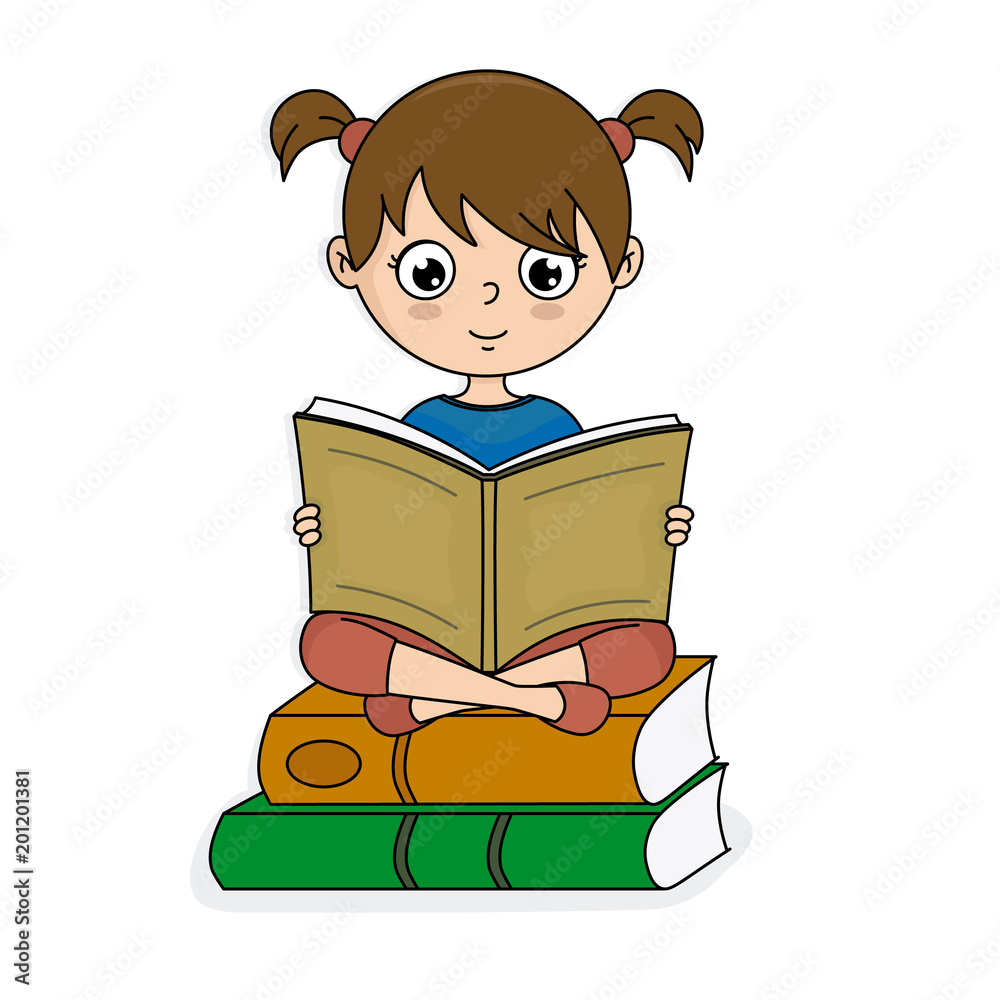 girl sitting on top of books reading. Vector isolated