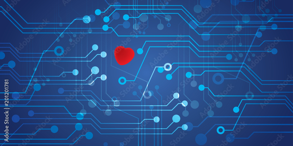 Circuit Board connected to heart. Digital vector illustration - obrazy, fototapety, plakaty 