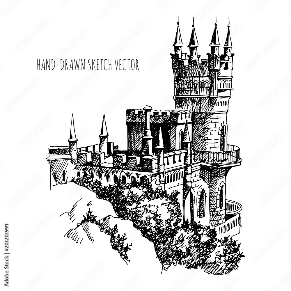 Obraz premium Swallow's Nest castle over the Black Sea in Crimea, Russia. Landmark of Crimea. Beautiful antique castle, drawing by hand.