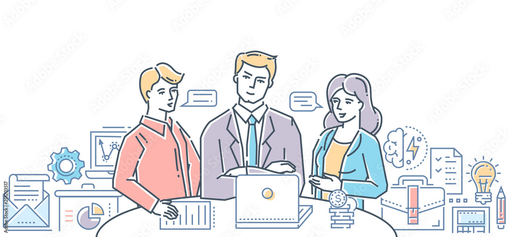 Business meeting with chief - modern flat design style colorful illustration Business meeting with chief - modern flat design style colorful illustration