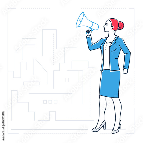 Businesswoman with a megaphone - line design style isolated illustration