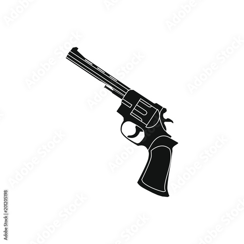 black and white outline icon with a revolver