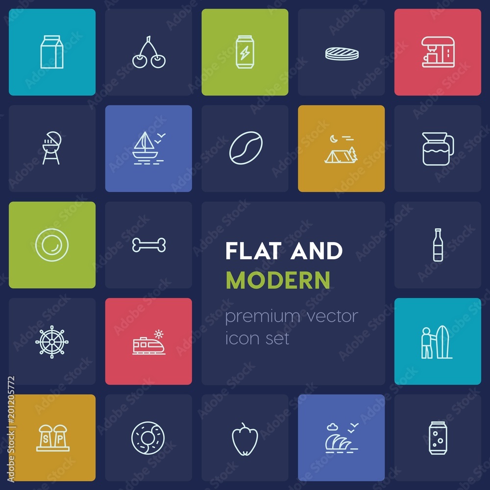 Fototapeta premium Modern Simple Set of food, drinks, travel Vector outline Icons. ..Contains such Icons as milk, can, bulgarian, beverage, dessert, soda and more on dark background. Fully Editable. Pixel Perfect