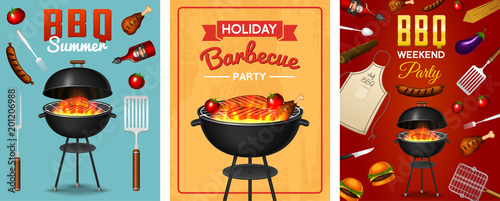 Barbecue grill elements set isolated on red background. BBQ party poster. Summer time. Meat restaurant at home. Charcoal kettle with tool, sauce and foods. Kitchen equipment for menu. Cooking outdoors