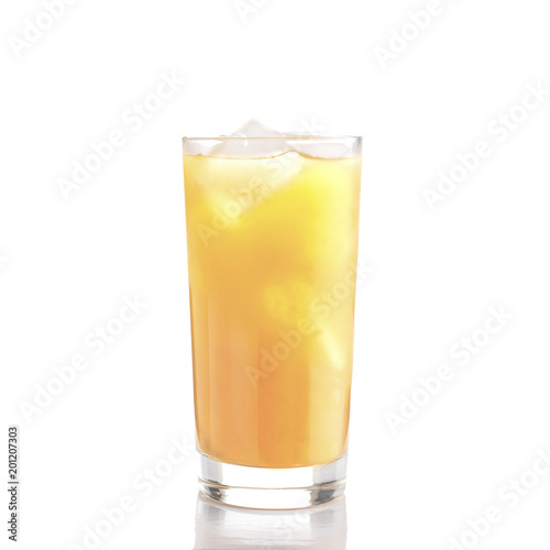 Glass of orange juice with ice on white background