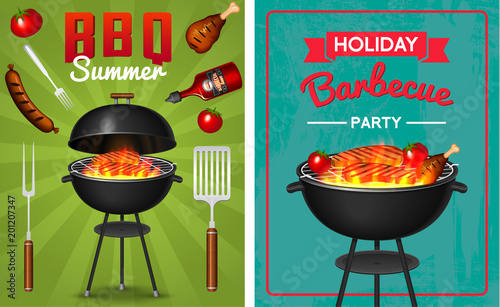 Barbecue grill elements set isolated on red background. BBQ party poster. Summer time. Meat restaurant at home. Charcoal kettle with tool, sauce and foods. Kitchen equipment for menu. Cooking outdoors