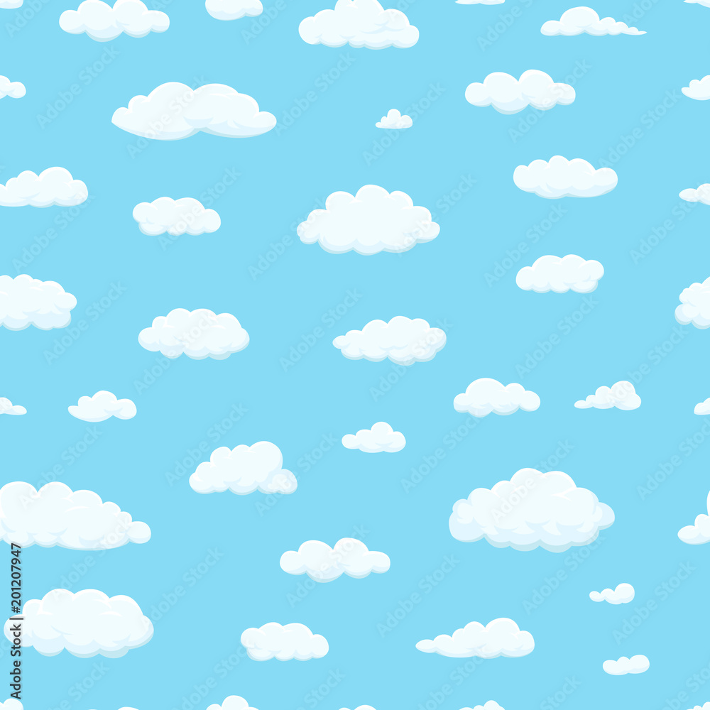 Seamless pattern. Clouds of different shapes in the sky for your web site design, UI, app. Meteorology and atmosphere in space.