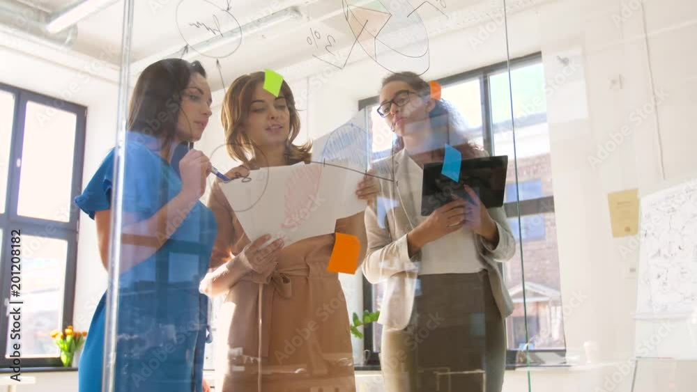 business, startup, planning and people concept - happy creative female team or businesswomen with papers and tablet pc computer looking at pie chart on office glass board business, startup, planning and people concept - happy creative female team or businesswomen with papers and tablet pc computer looking at pie chart on office glass board