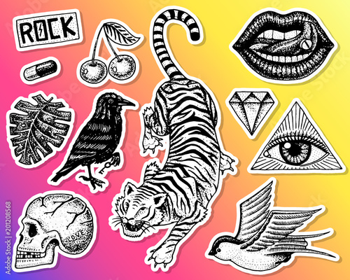 Set of Fashion patches. Tattoo artwork for Girls. Tiger and lips, skull and eye in the triangle. Engraved hand drawn in old vintage sketch. Vector surreal illustration, badges, print for t-shirt.