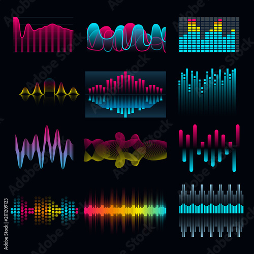 Set of music equalizer audio waves design template audio signal visualization illustration. Colorful light audio signal.
