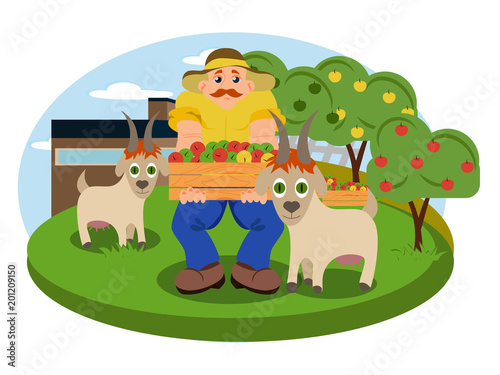 Vector illustration of the garden with a countryside man showing box of apples and sitting on the bench near the goats