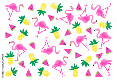 Flamingo, watermelon and pineapple on white background