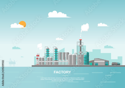 Industrial factory in the sea on flat style. Vector and illustration of manufacturing building.