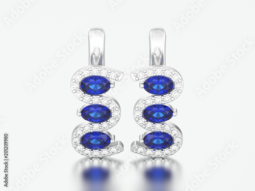 3D illustration isolated white gold or silver diamond sapphire earrings with hinged lock