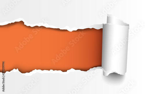 Vector realistic torn hole in paper with rolled edge with space for your text on orange background