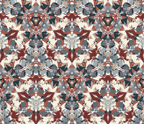 Kaleidoscope seamless pattern, background. Composed of colored abstract shapes. Useful as design element for texture and artistic compositions.