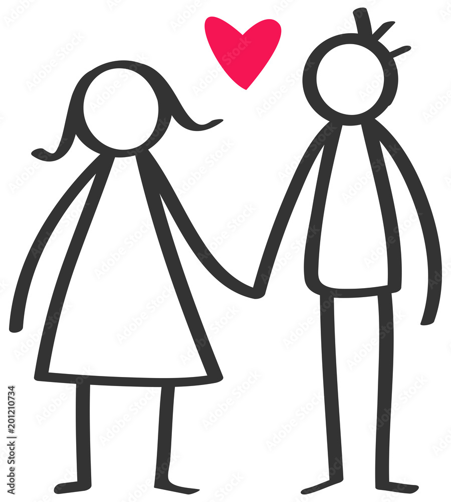 Simple stick figures happy couple, man, woman holding hands in love red  heart isolated on white background Stock Vector | Adobe Stock