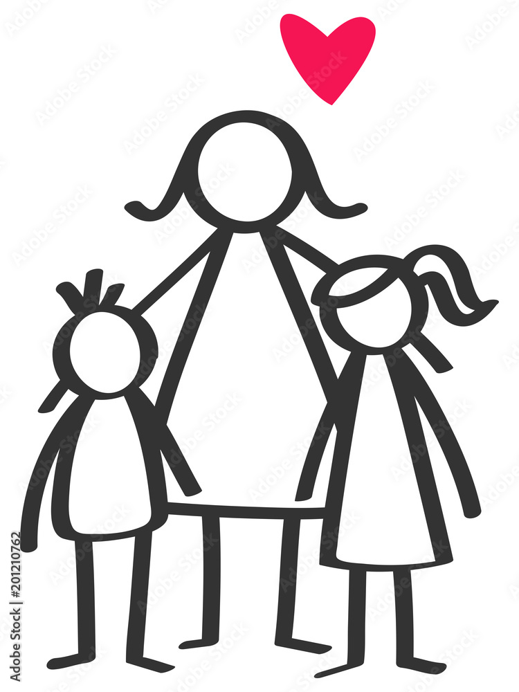 Simple stick figures single parent, mother, son, daughter, children  isolated on white background Stock Vector | Adobe Stock